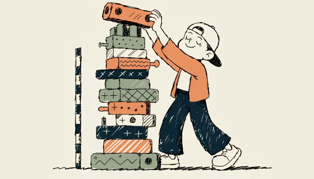 Illustration av student som bygger ett torn av färgglada kuber som representerar skolämnen