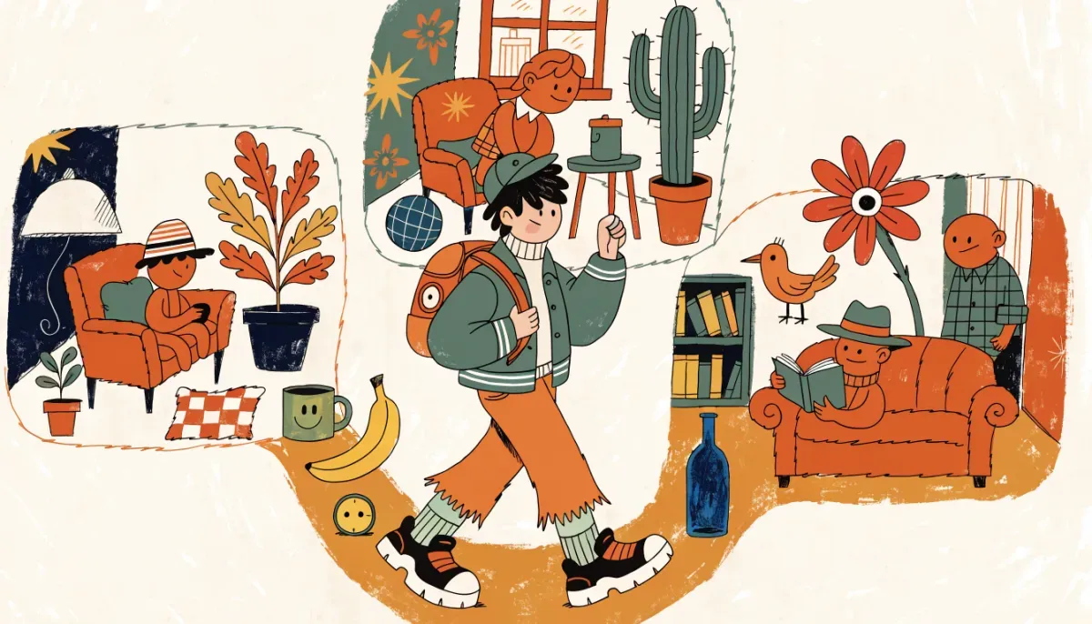 Retro illustration av en student som vandrar genom rum i ett hus och placerar färgglada objekt på specifika platser som minnesankare