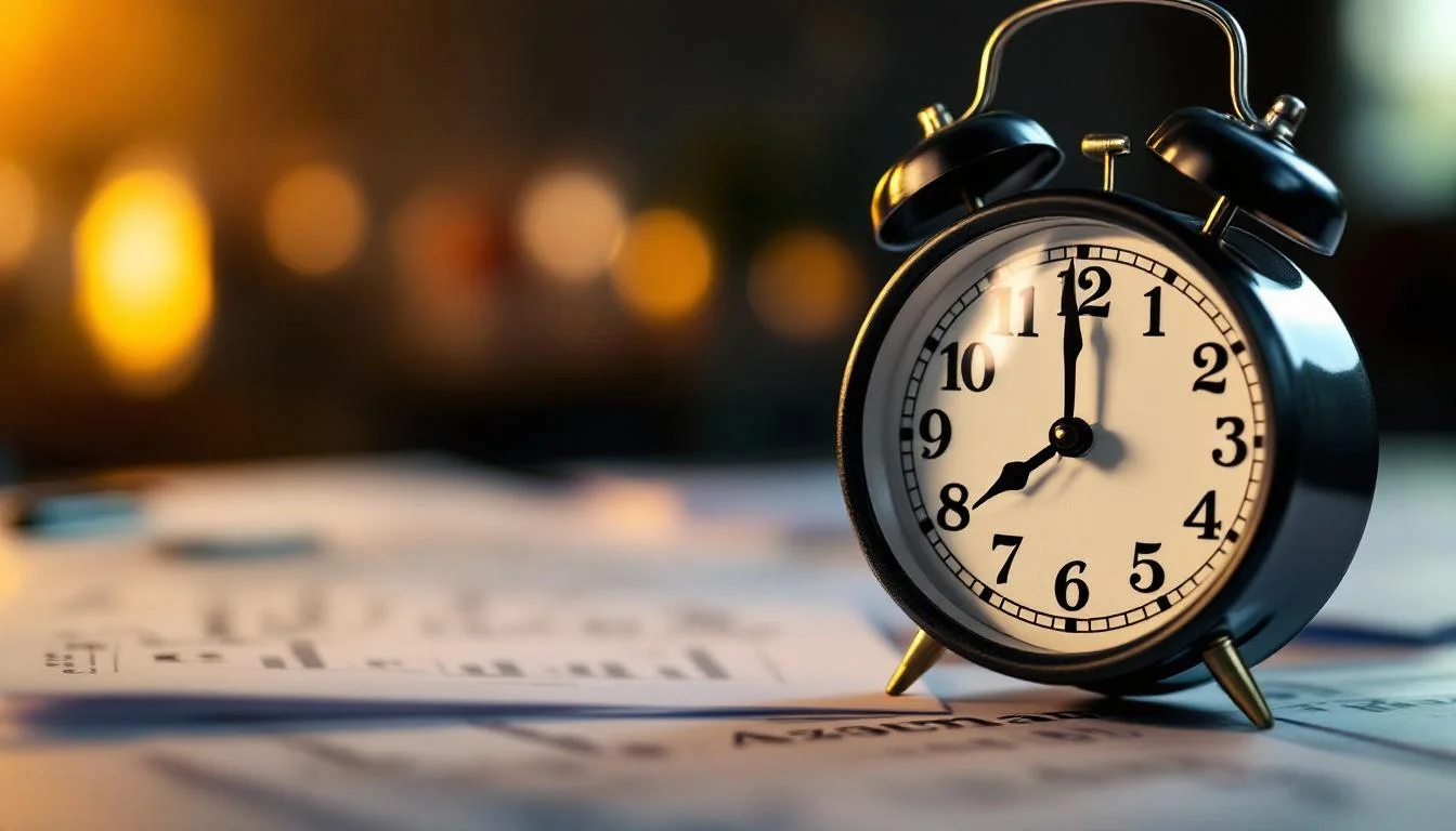 Närbild på analog klocka med suddiga provpapper i bakgrunden