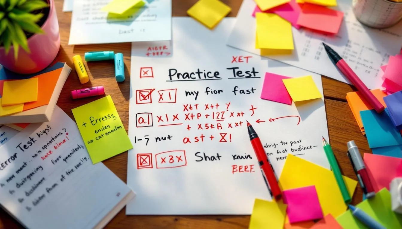 Organiserade studieanteckningar med färgkodade rättningar och markeringar