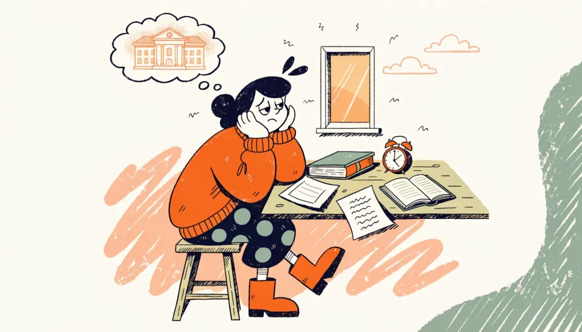 Illustration av trött student vid skrivbordet som drömmer om sin framtida utbildning