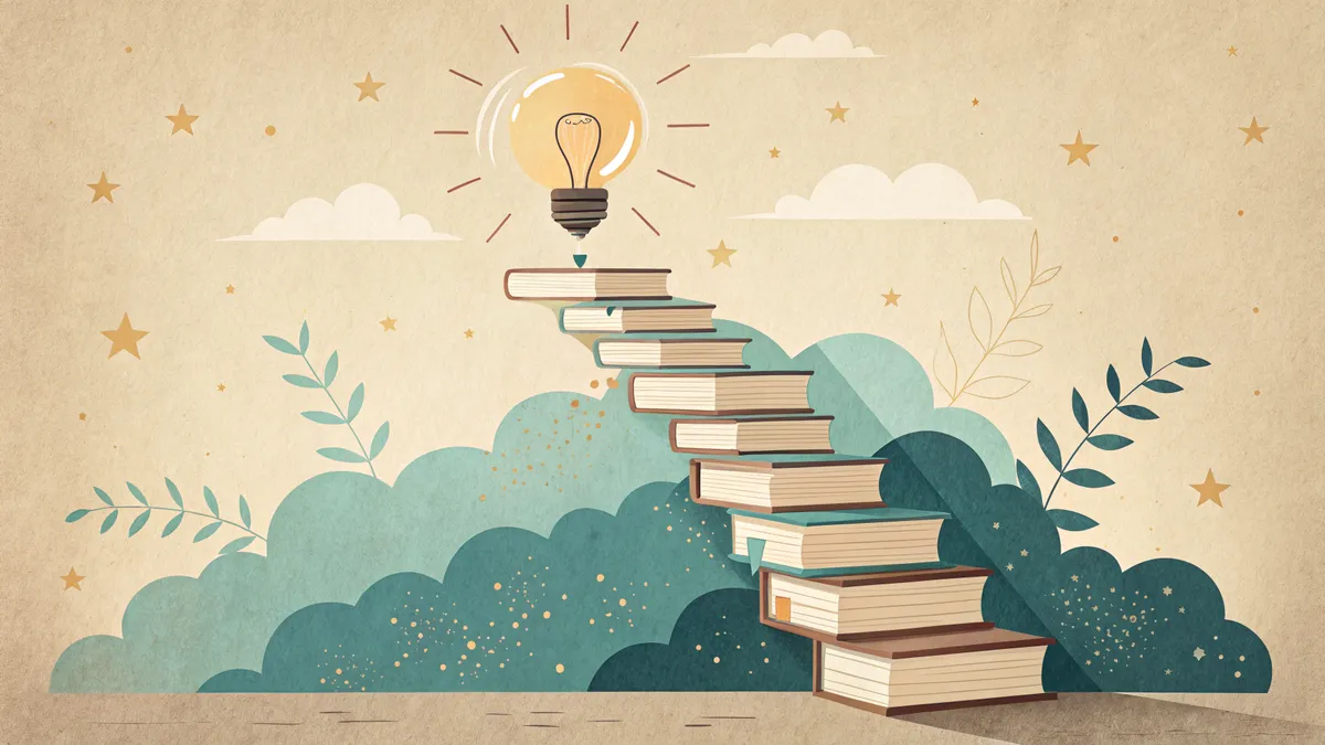 Boktrappa mot kunskap med glödlampa som symboliserar lärande