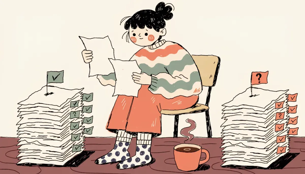 Illustration av student som sorterar övningsprov i två högar efter styrkor och svagheter