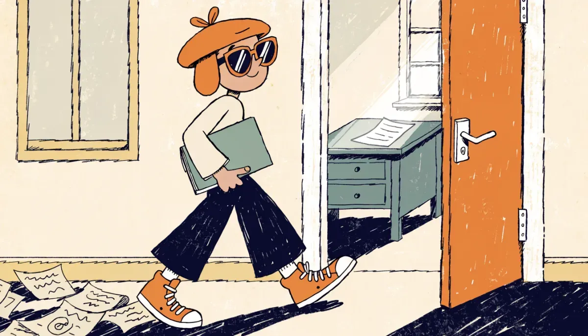 Illustration av självsäker student som kliver in genom en dörr till provsal