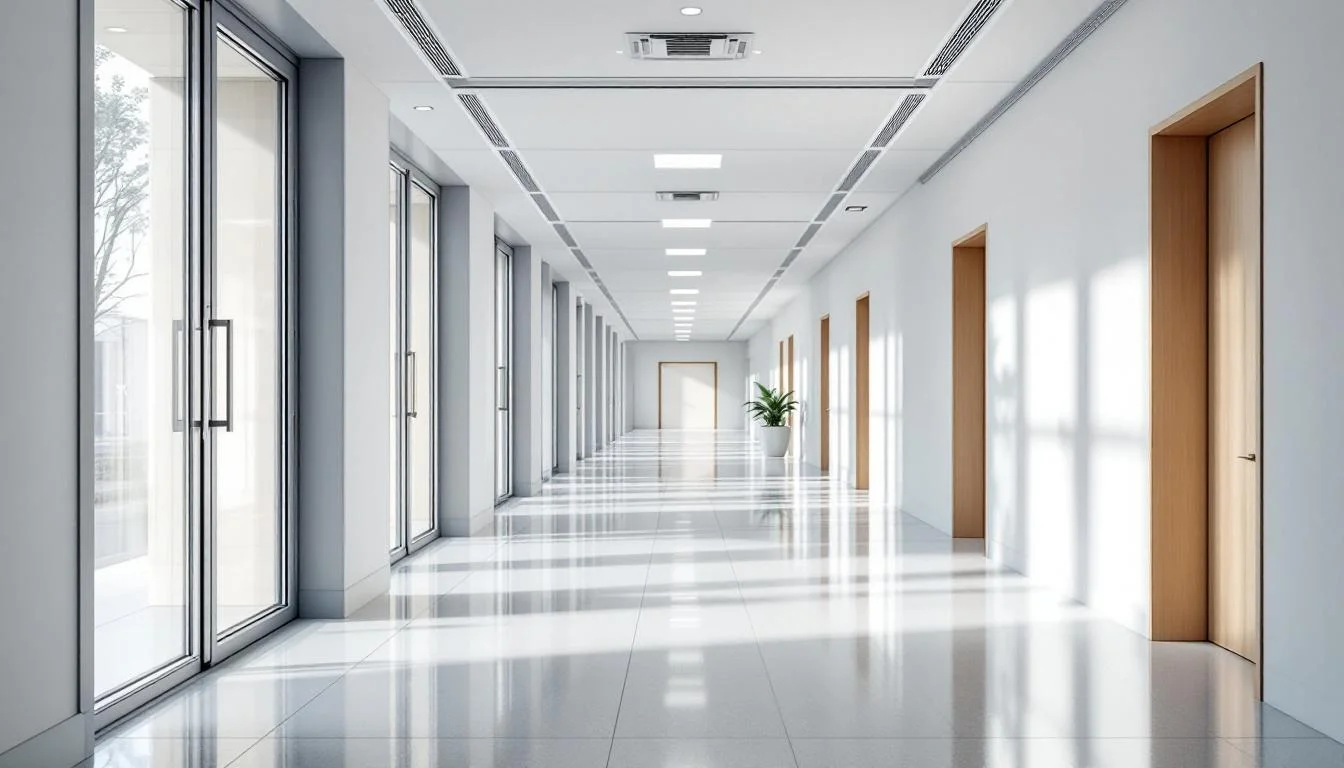 Modern ljus institutionell korridor med glasdörrar i skandinavisk design