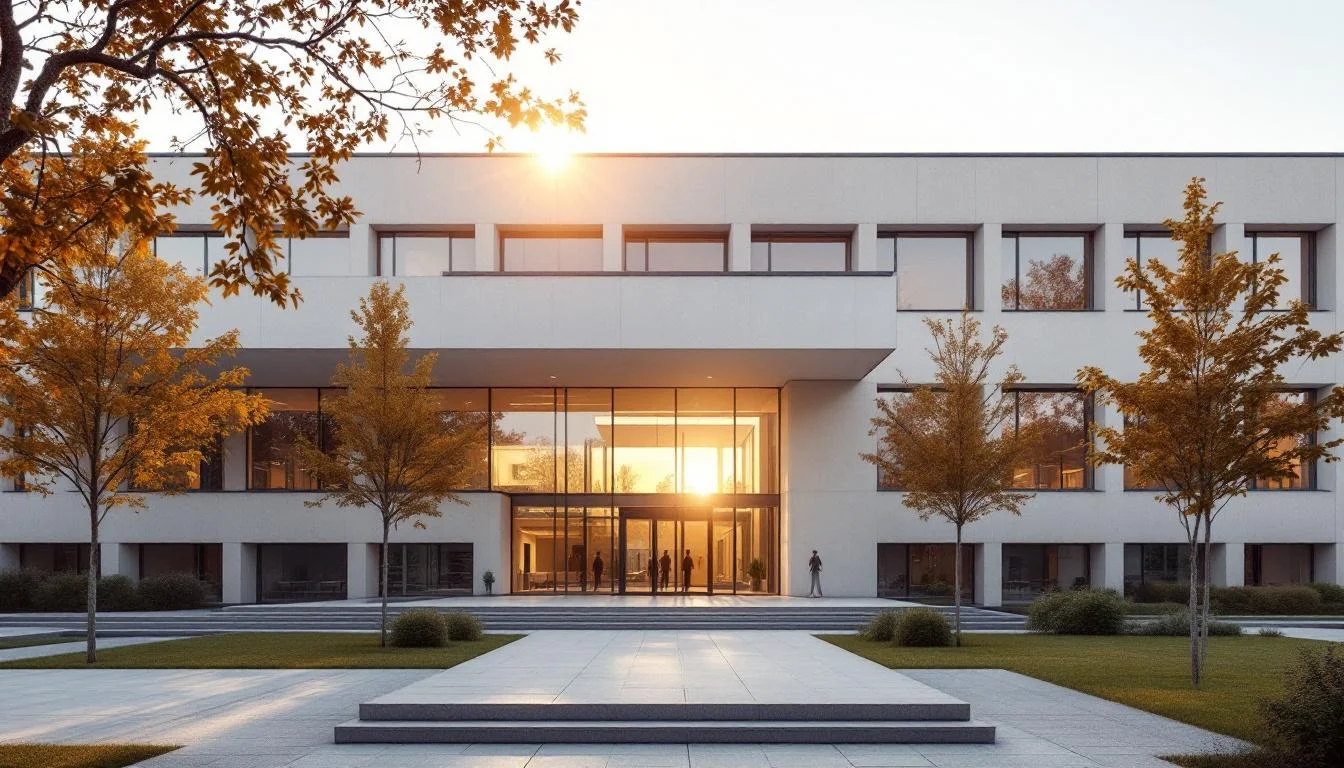 Modern svensk universitetsbyggnad med skandinavisk arkitektur i morgonljus