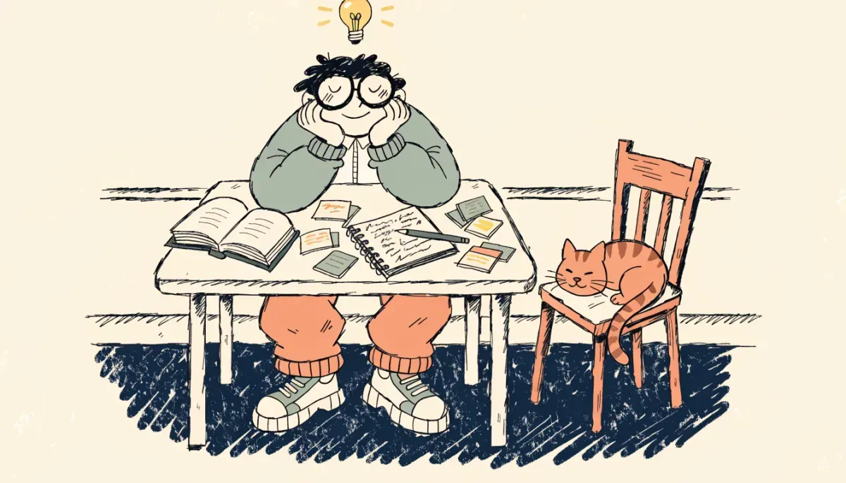 Retro illustration av en student vid ett skrivbord med flashcards, öppen bok och anteckningar, med en glödlampa ovanför huvudet