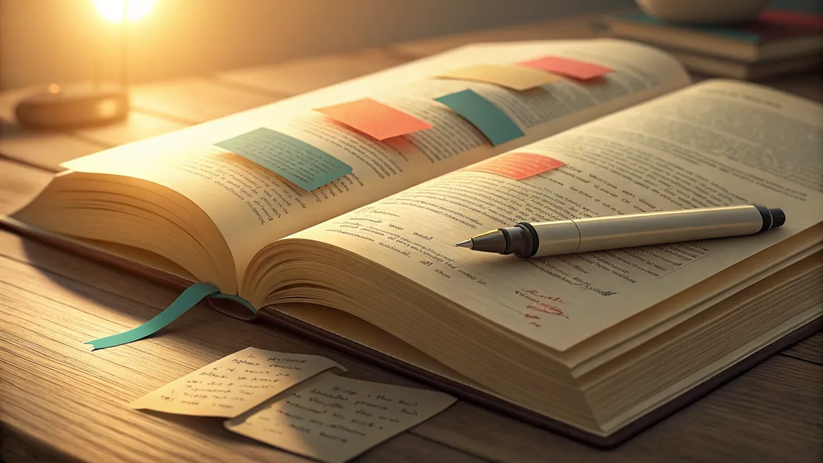 Öppen bok med färgglada bokmärken och anteckningar i varmt ljus
