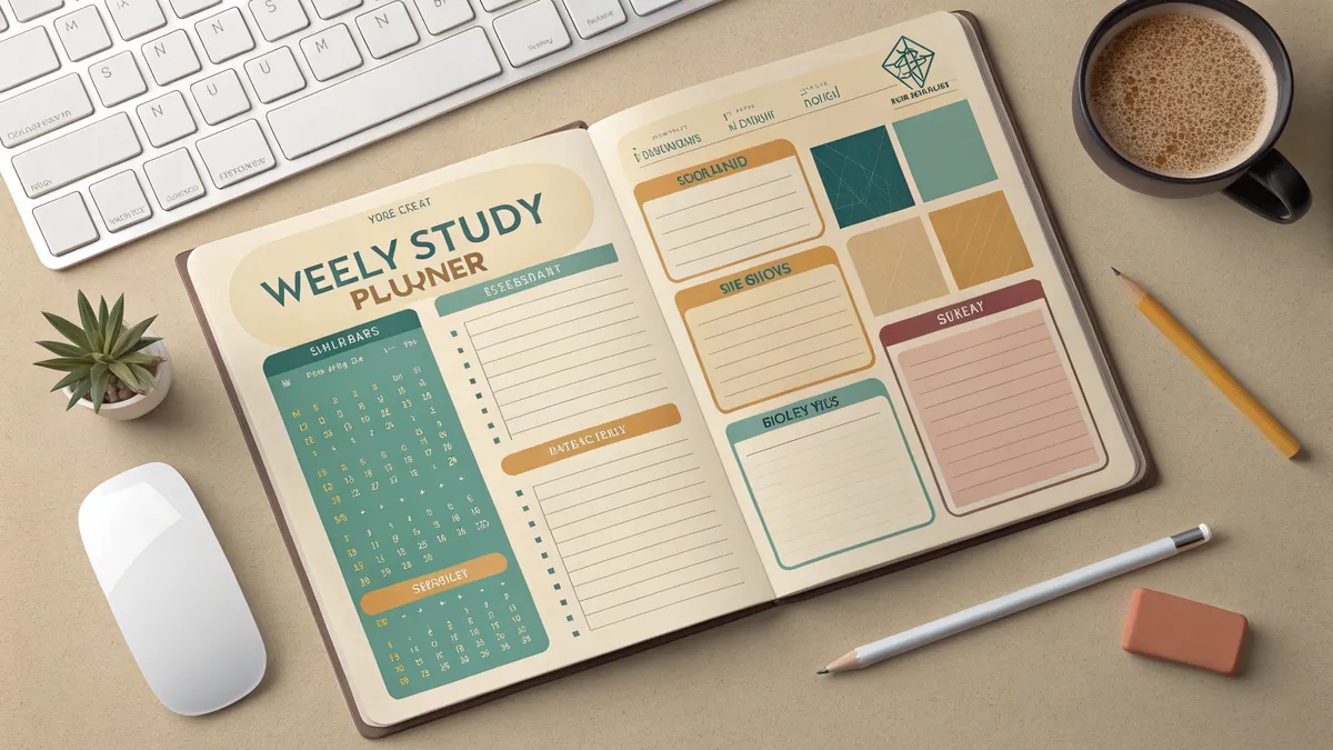 Veckovis studieplanering med färgkodade block för olika ämnen
