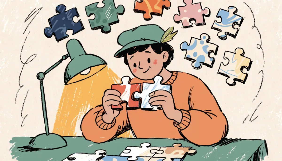 Illustration av student som sätter ihop pusselbitar som representerar högskoleprovets olika delprover