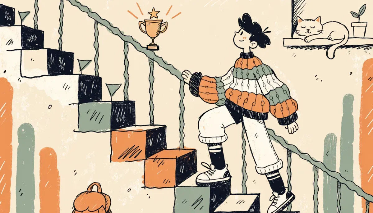 Illustration av student som klättrar uppför en trappa mot en pokal, med checkmarks på varje steg