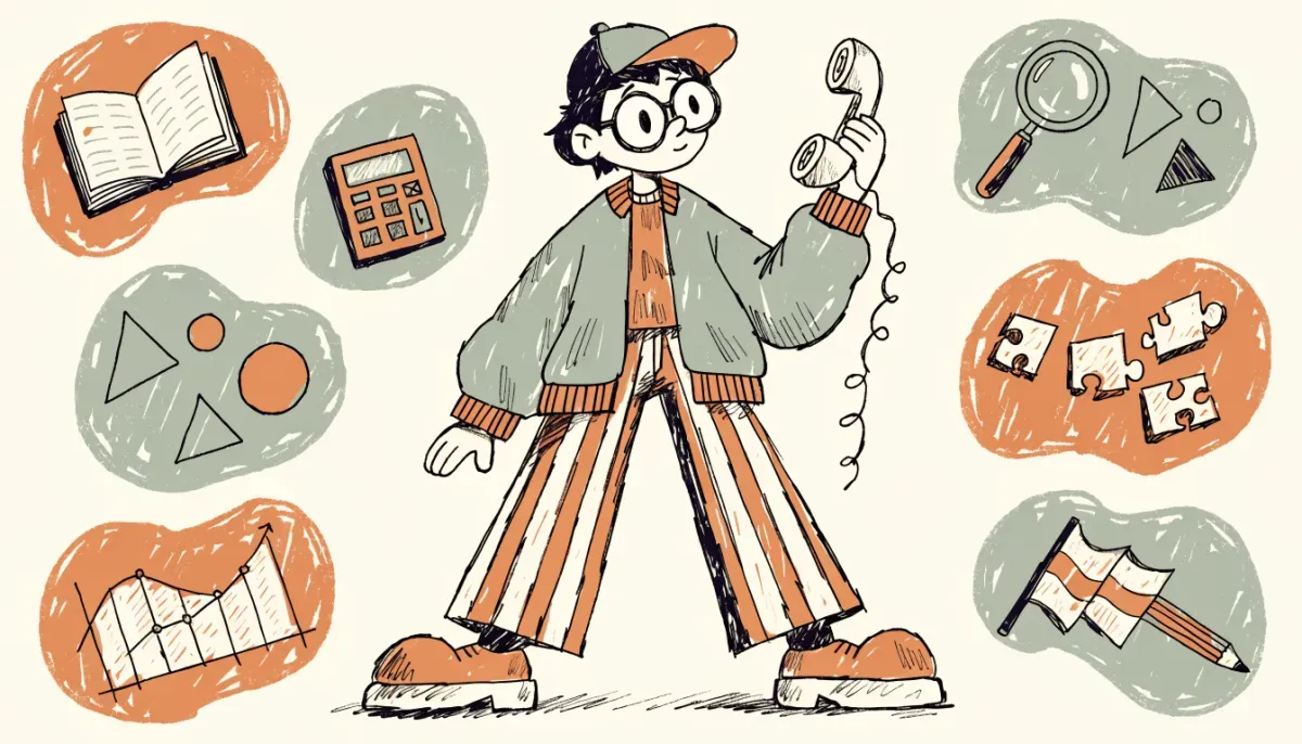 Illustration av en student omgiven av de olika delproven på högskoleprovet: böcker, miniräknare, diagram och pussel