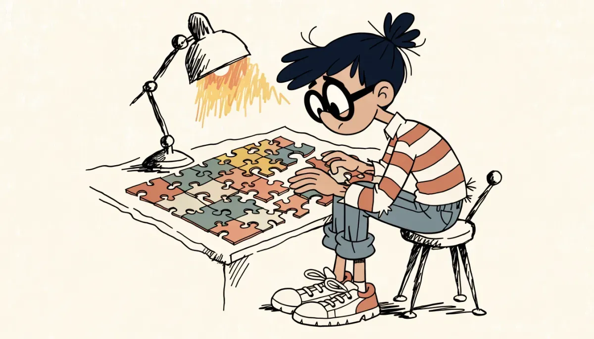 Illustration av student som delar upp en ekvation i färgglada pusselbitar