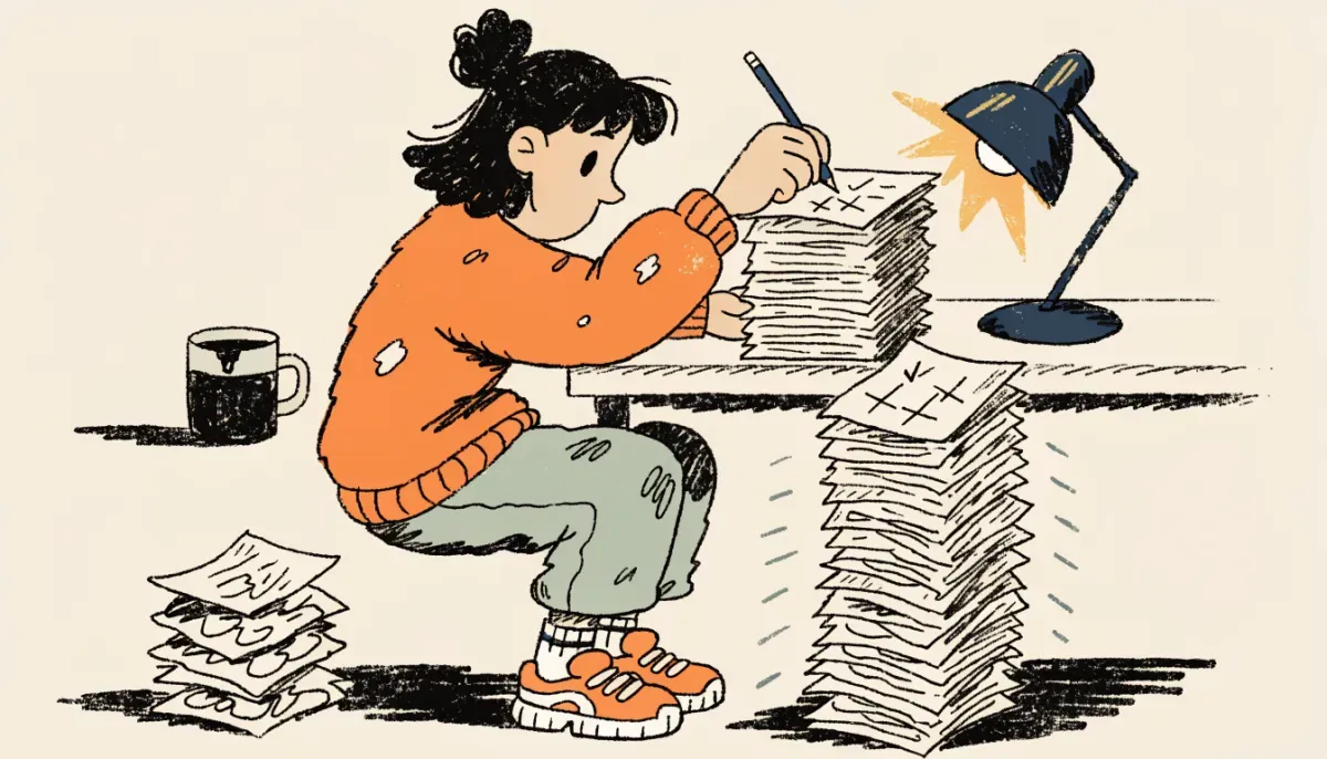 Illustration av student som arbetar igenom en hög med matteövningar