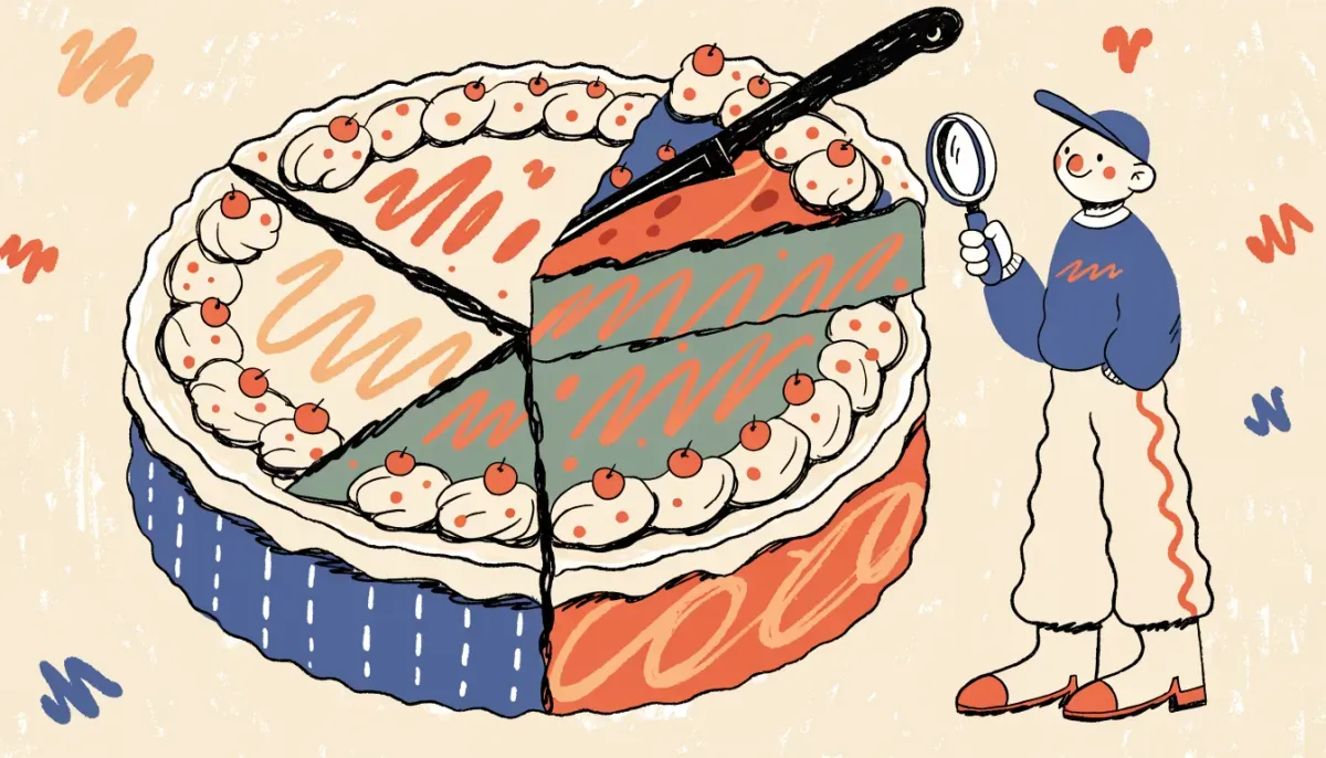 Retro illustration av ett cirkeldiagram som delas i olika stora delar som en tårta medan en student undersöker portionerna