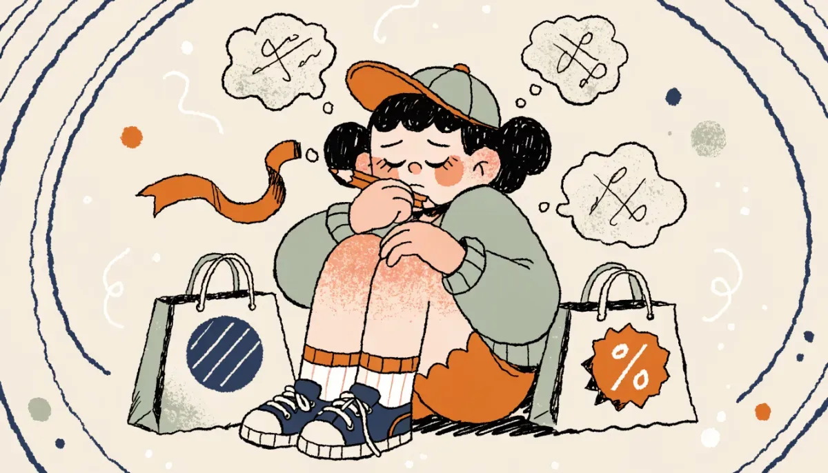 Retro illustration av en student som gör huvudräkning med tankebubblor som visar enkla beräkningar och shoppingkassar med prislappar