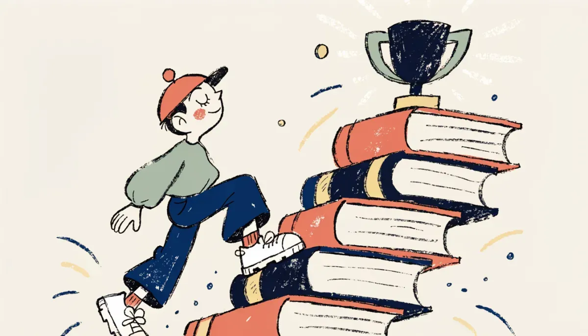 Retro illustration av en student som klättrar uppför en trappa gjord av böcker mot en skinande trofé