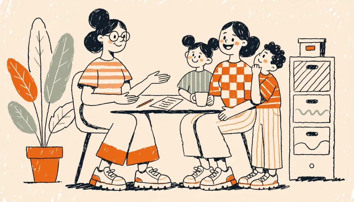 Socionom i samtal med en familj vid ett bord, en vardag i socialt arbete