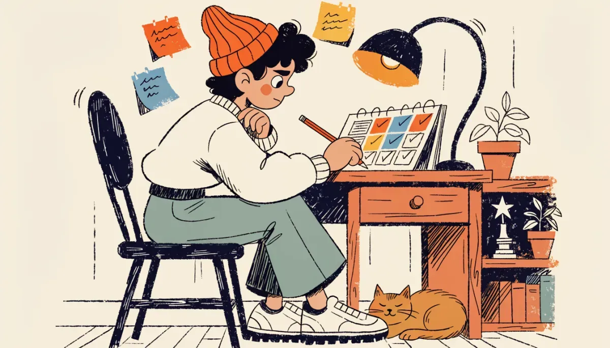 Illustration av en student som planerar sina sista pluggveckor i en kalender vid skrivbordet