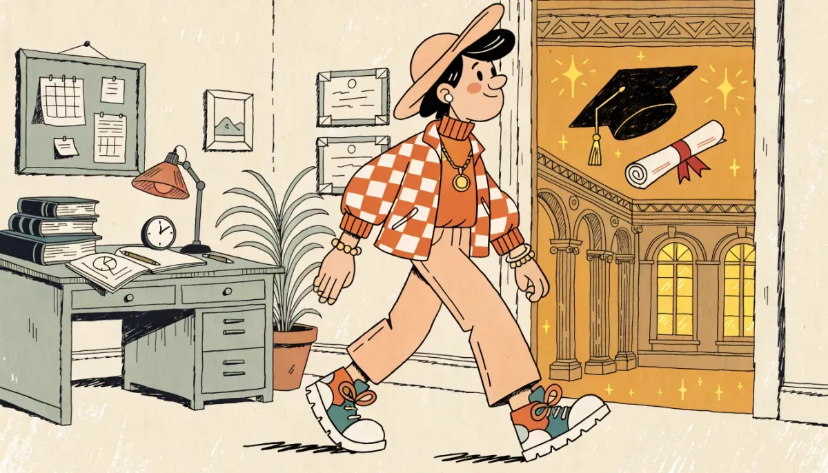 Retro illustration av en student som går från ett studierum genom en dörröppning mot en examinationslokal