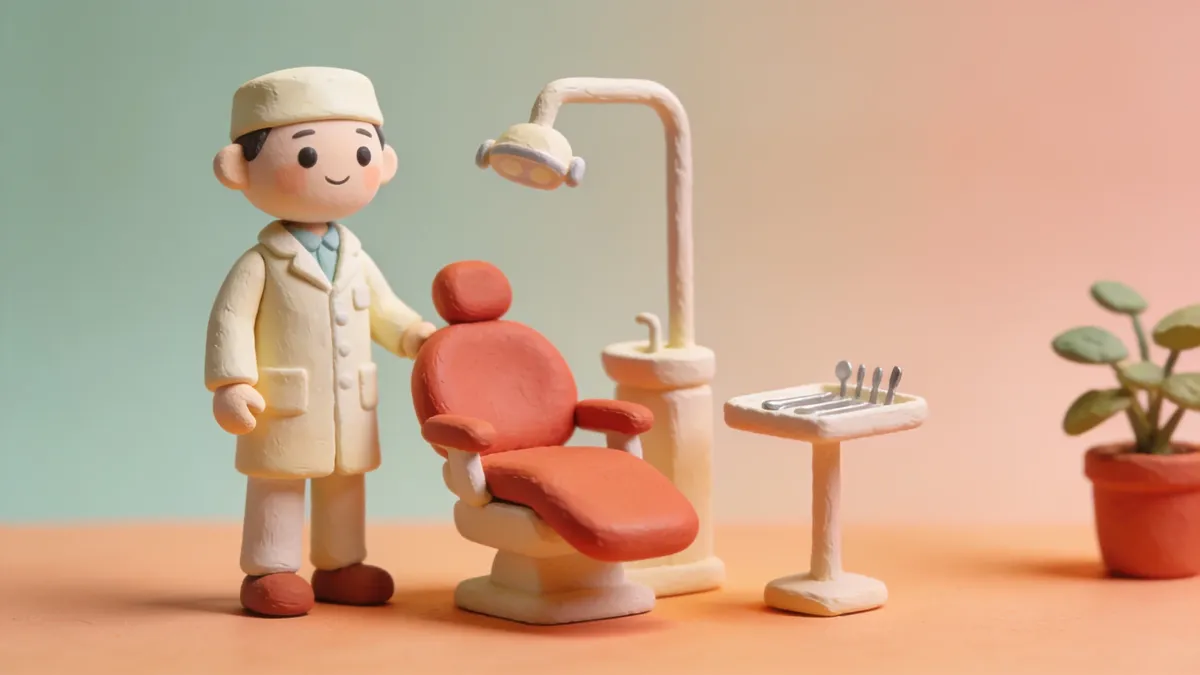 Lerfigur av tandläkare i klinik med behandlingsstol och instrumentbricka