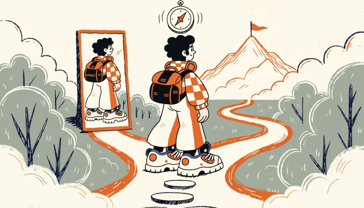Illustration av student vid en vägkorsning mellan spegel och bergtopp