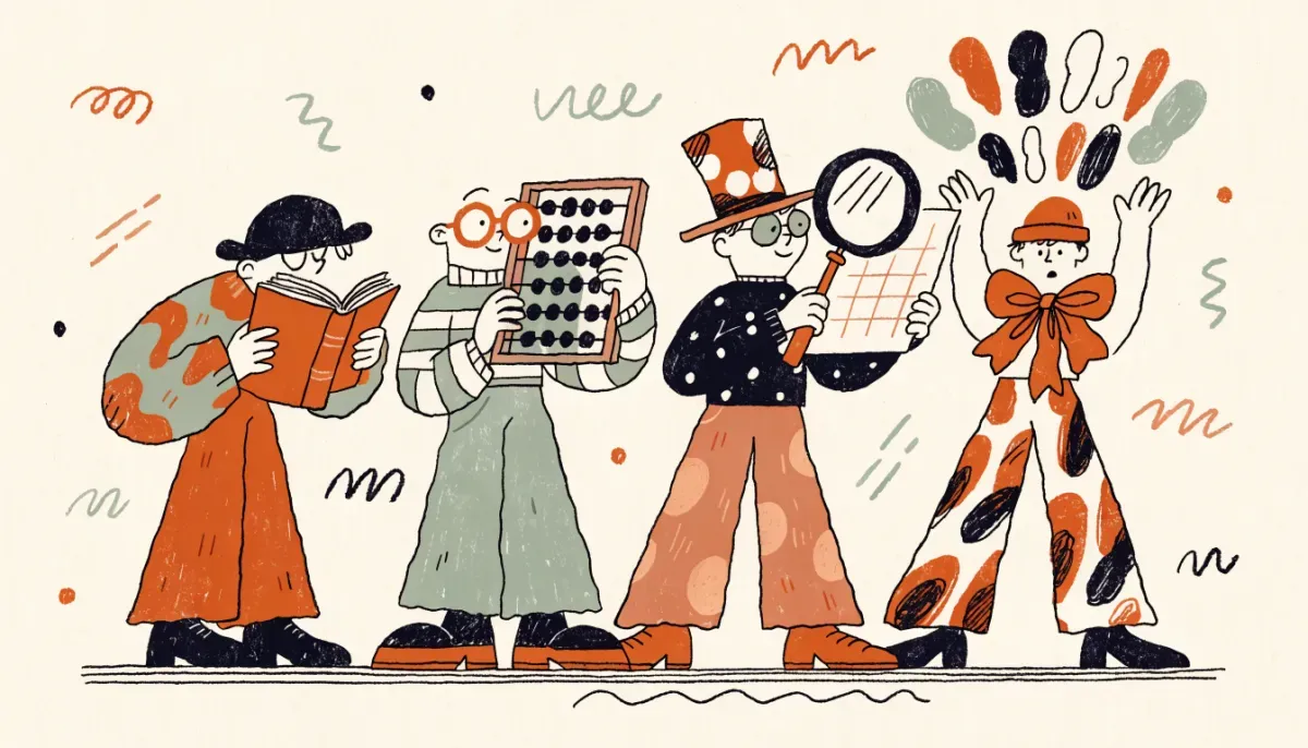 Illustration av fyra karaktärer som representerar olika delprov på högskoleprovet