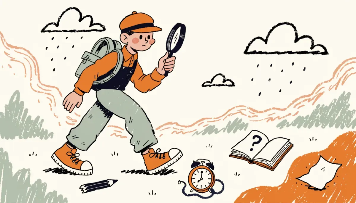 Illustration av detektivstudent som undersöker ledtrådar om vanliga provmisstag
