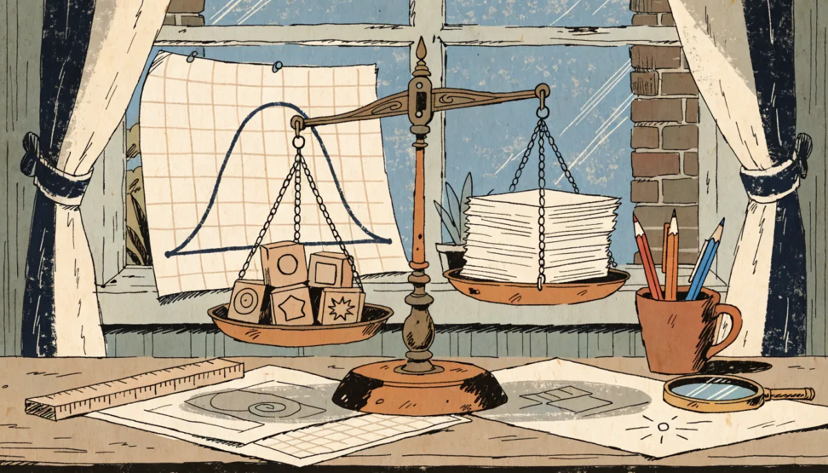 Retro illustration av en gammaldags balansvåg och en handritad fördelningskurva som visar hur normering fungerar