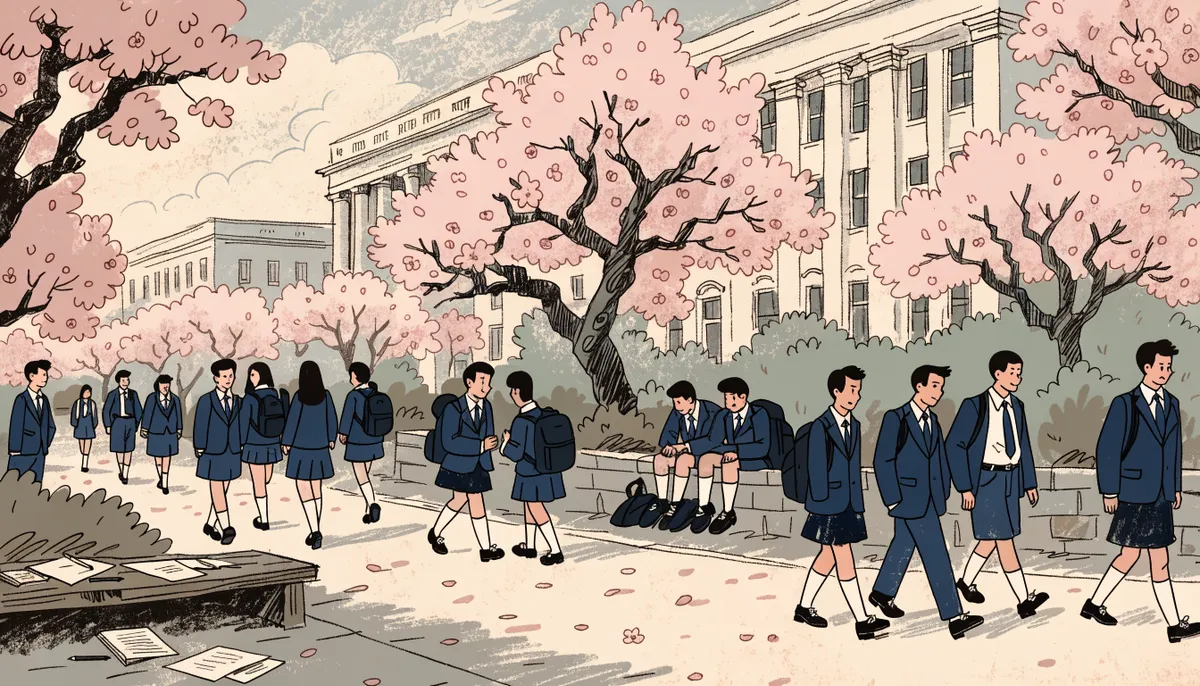 Retro illustration av studenter som lämnar provlokalen efter avslutat prov i vårsolen, med blandade känslor av lättnad och trötthet