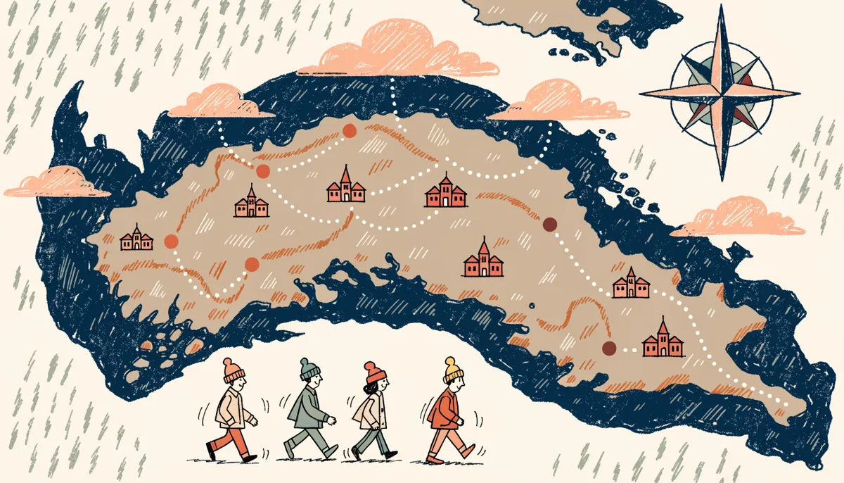 Retro illustration av Sverige med provorter markerade som små punkter, små universitetsbyggnader utspridda över kartan